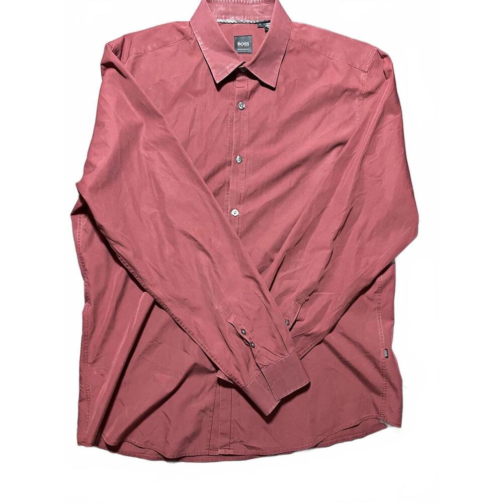 Hugo Boss Men’s Dress Shirt Large Burgundy Red Regular Fit Long Sleeve Button Up
